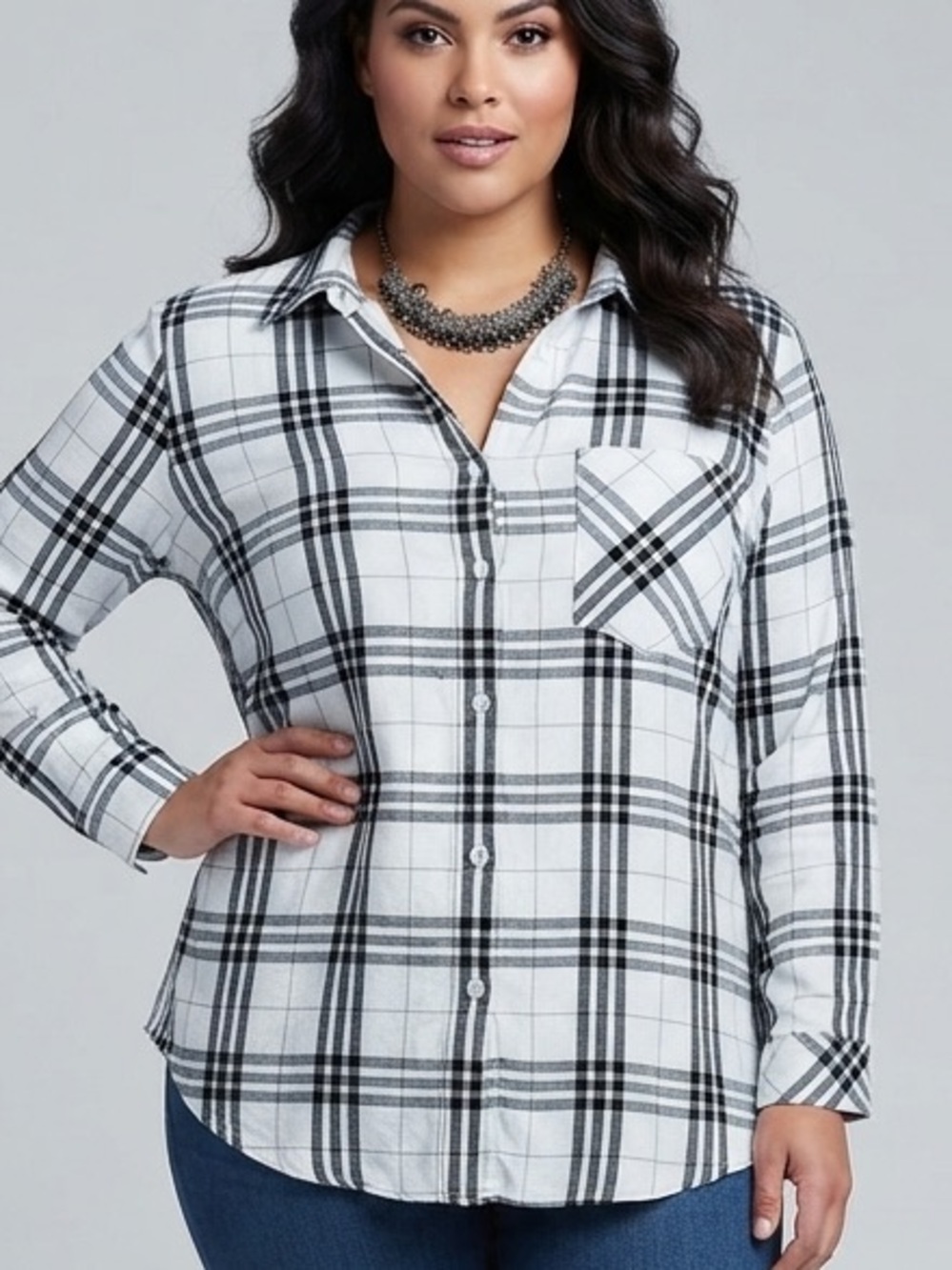 REITMANS Black & White Plaid Button Front Brest Pocket Shirt XL